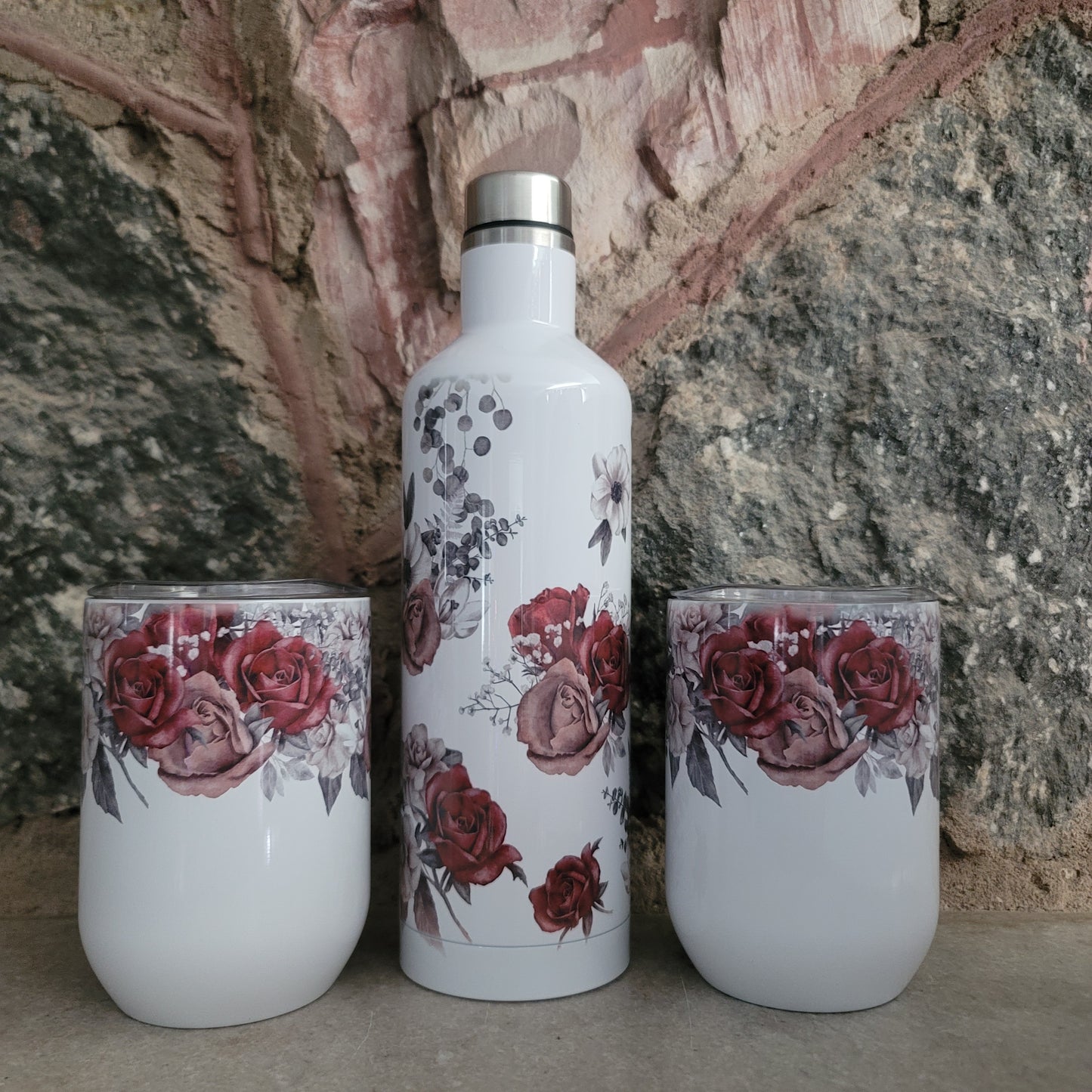 Bottle and Wine Cup Set-Vintage Flowers Design