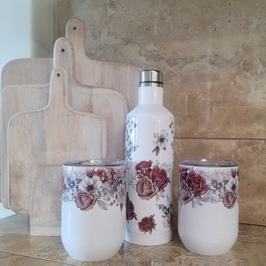 Bottle and Wine Cup Set-Vintage Flowers Design