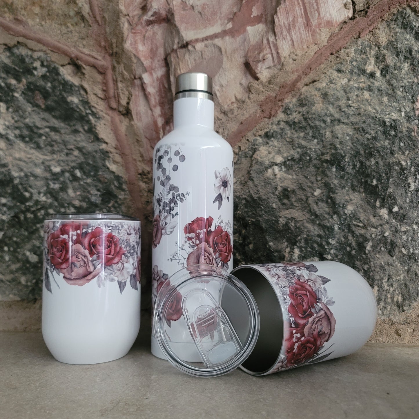 Bottle and Wine Cup Set-Vintage Flowers Design
